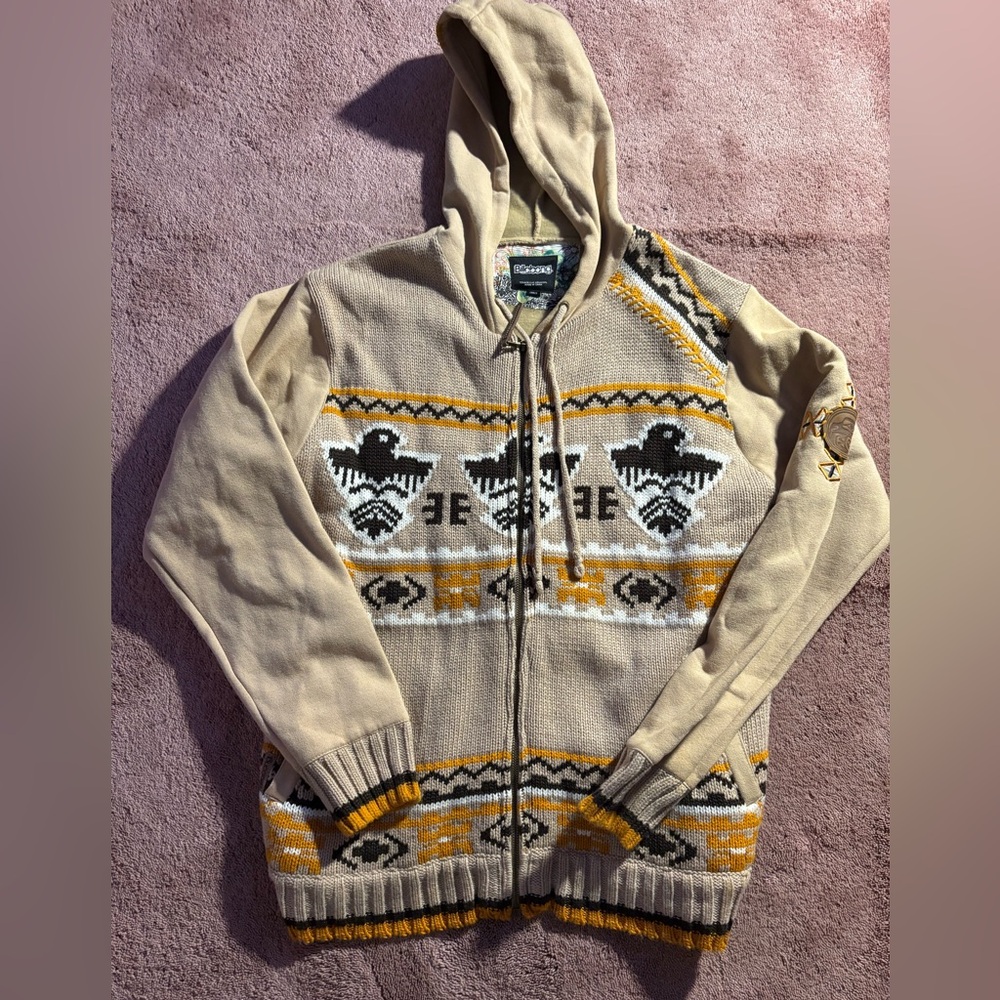 Billabong Mens Knit Front Full Zip Hoodie Tan Eagle Southwestern Pattern Large